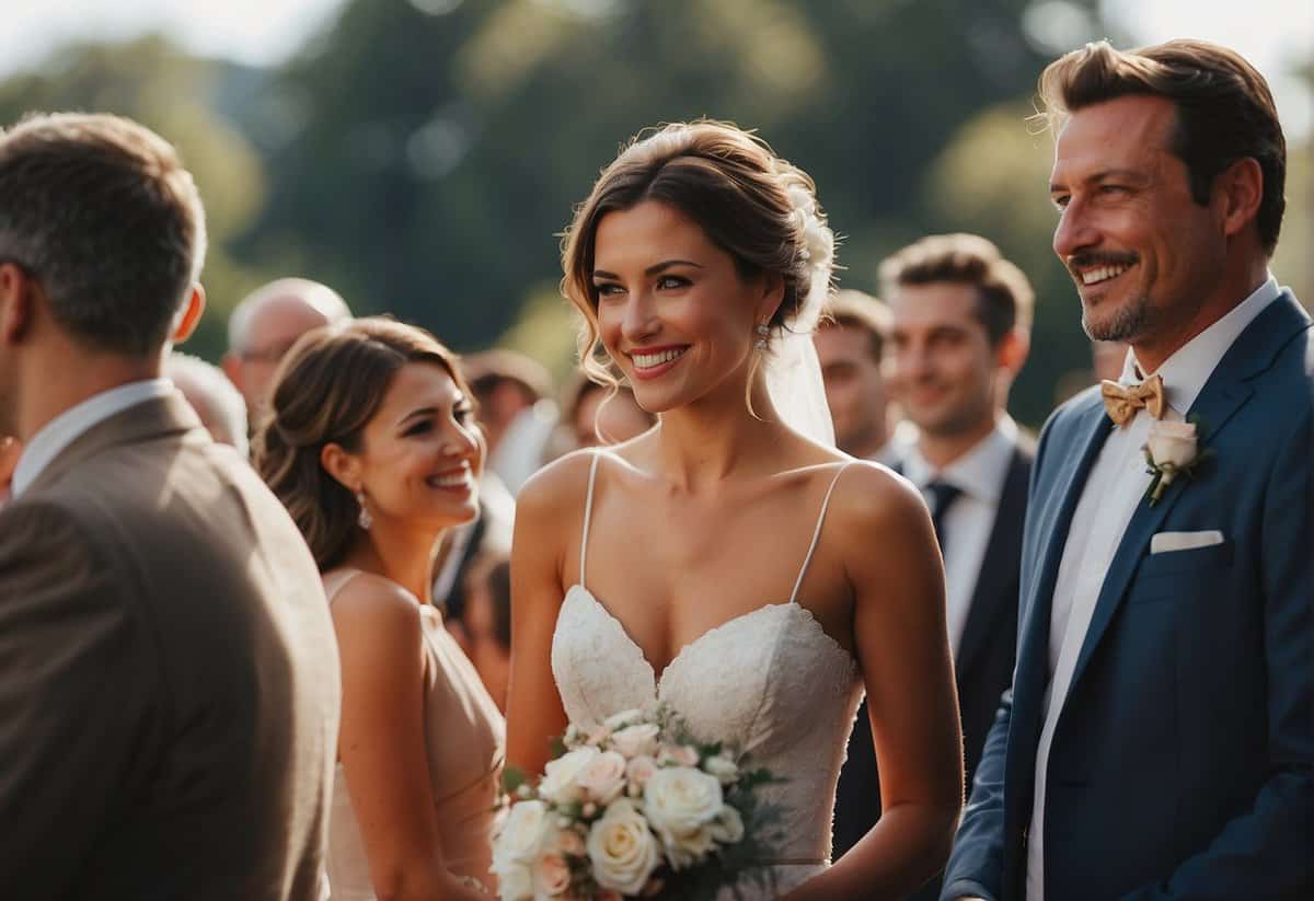 A radiant bride surrounded by admiring guests at her wedding