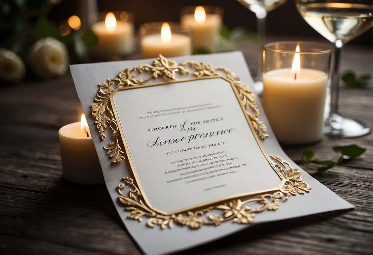 A wedding invitation with the opening words "We request the honor of your presence" displayed prominently