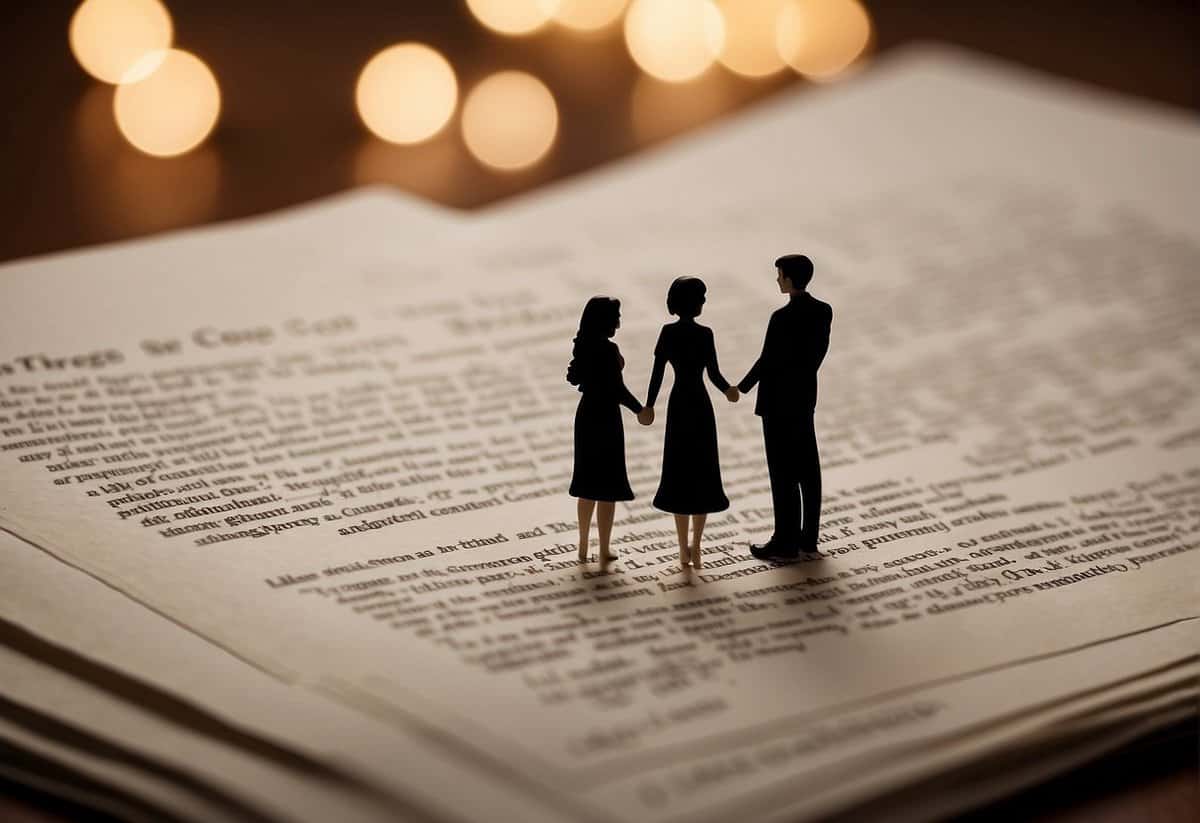 A couple standing apart, one wearing a wedding ring while the other doesn't. A legal document with "separated" and "divorced" highlighted