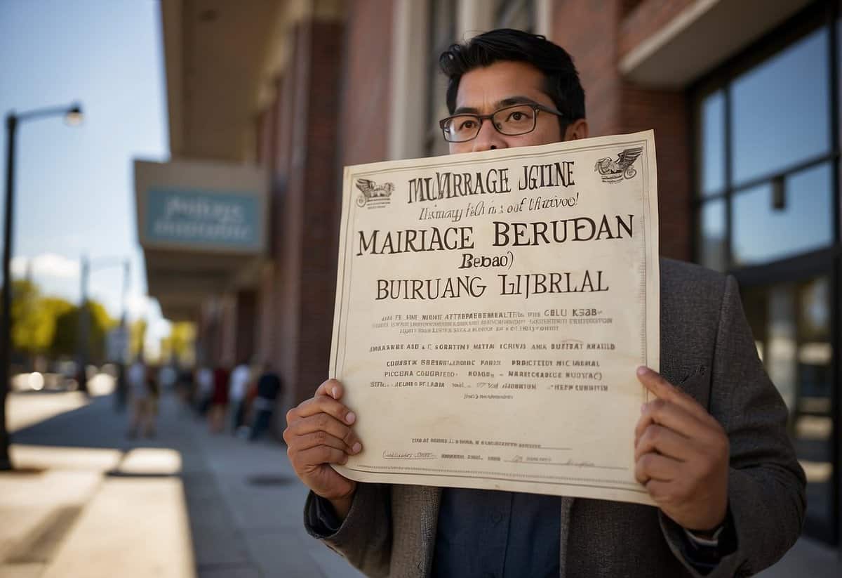 A person stands in front of a courthouse, looking at a sign that reads "Marriage License Bureau," with a confused expression on their face