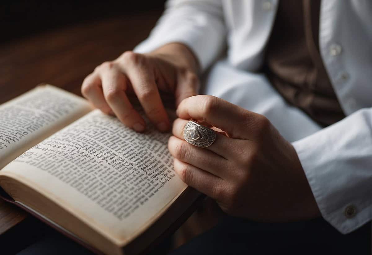 A person sitting alone, contemplating a wedding ring and a religious text, with a conflicted expression