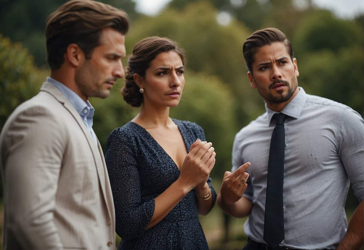 A woman stands between two men, one holding a wedding ring and the other with a puzzled expression. The woman looks conflicted as she contemplates her marital status