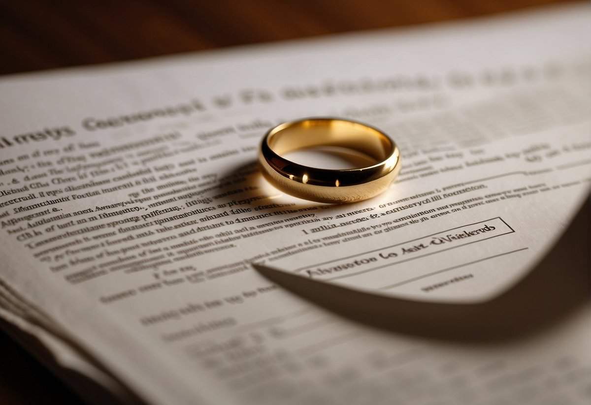 A question mark hovering over a wedding ring and a divorce certificate