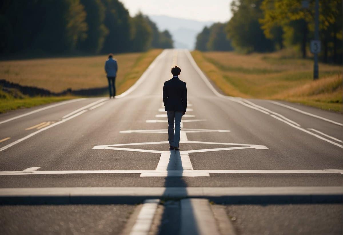 A person standing at a crossroads, looking at two paths diverging in different directions, symbolizing the internal conflict of loving someone who is already married