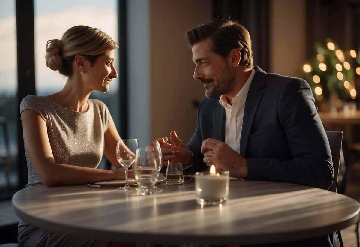 A couple sits at a table, discussing their open marriage. Both wear wedding rings. A web of lines connects them, representing their non-monogamous perspectives