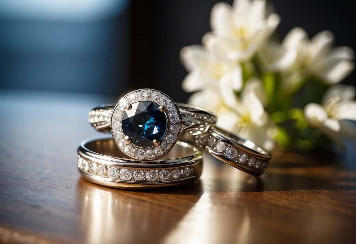 Two rings on a table, one with a diamond, the other with a sapphire, both shining in the sunlight