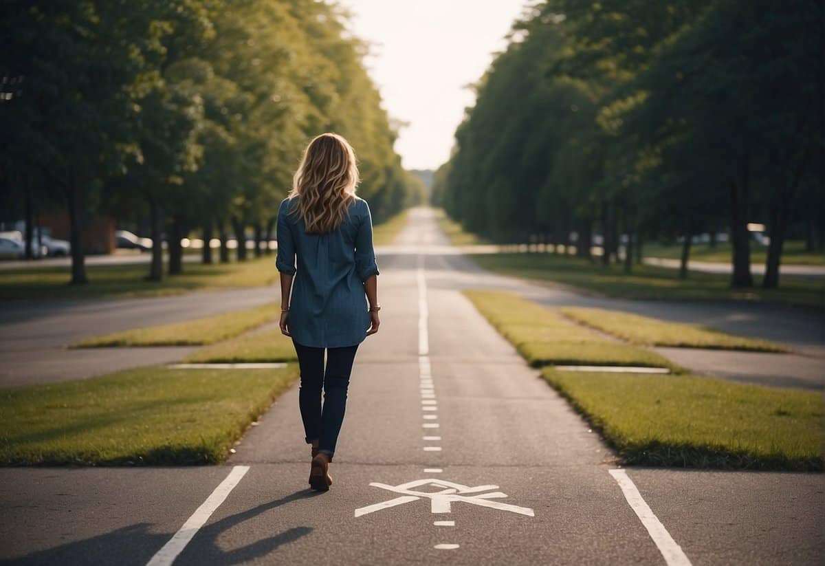 A woman standing at a crossroads, with one path leading to a happy and fulfilling marriage, and the other path leading to independence and self-discovery