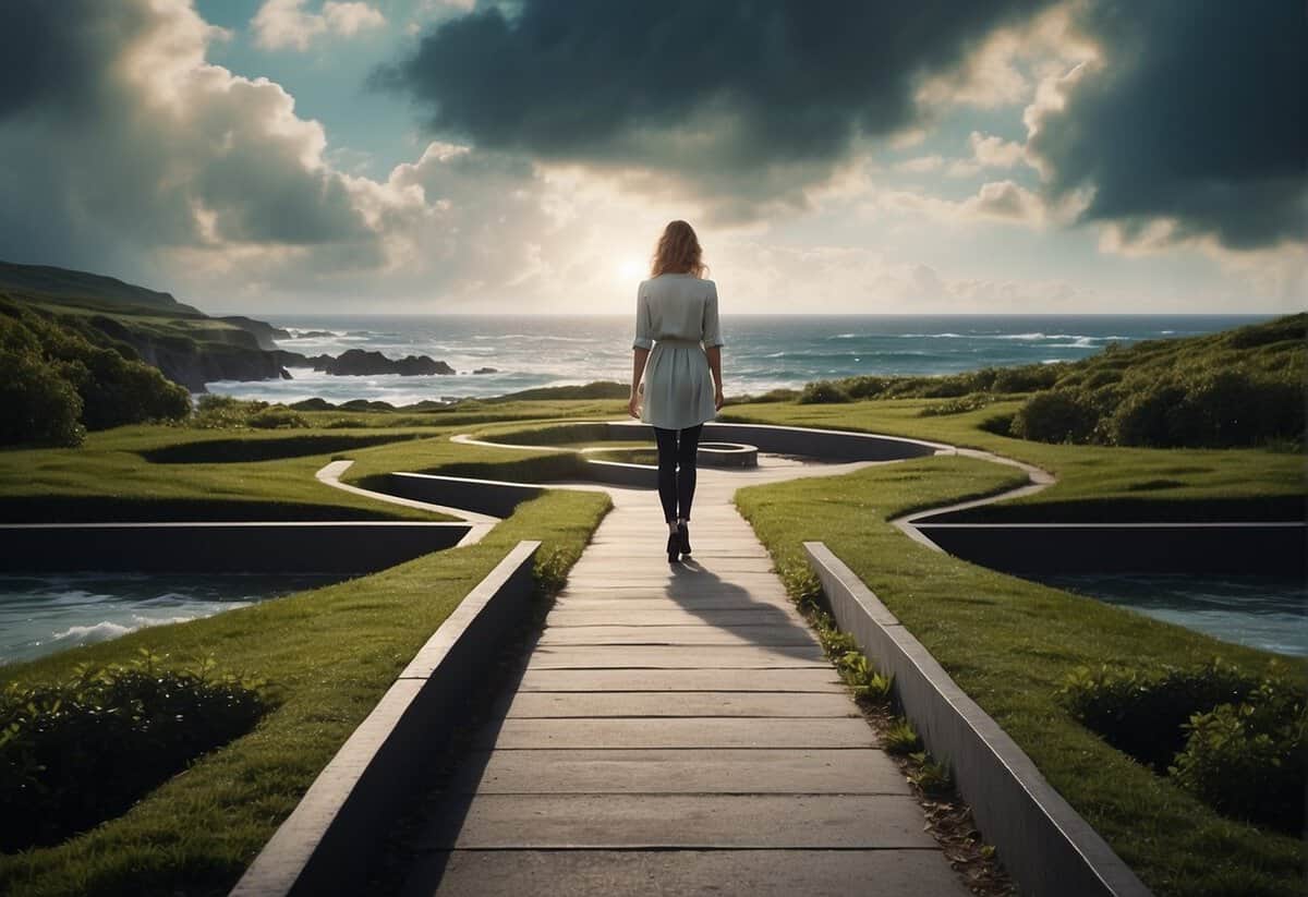 A woman stands at a crossroads, with one path leading to a serene garden symbolizing the advantages of marriage, and the other path leading to a stormy sea representing the challenges