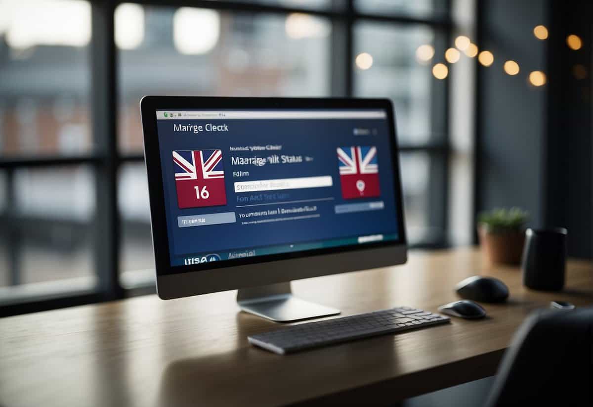 A computer screen with a search bar and the words "Marriage Status Check" on a website with a UK flag in the corner