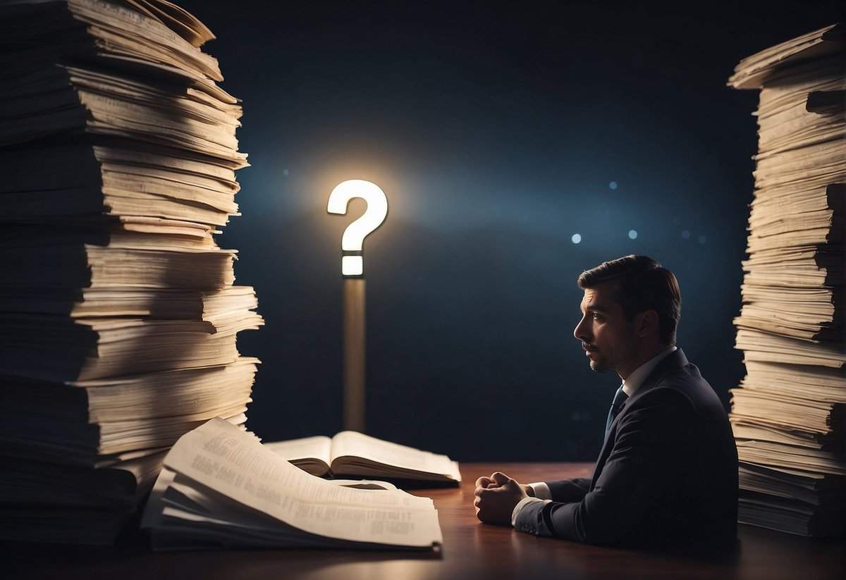 A person standing alone, surrounded by legal documents and a question mark symbol, pondering their rights
