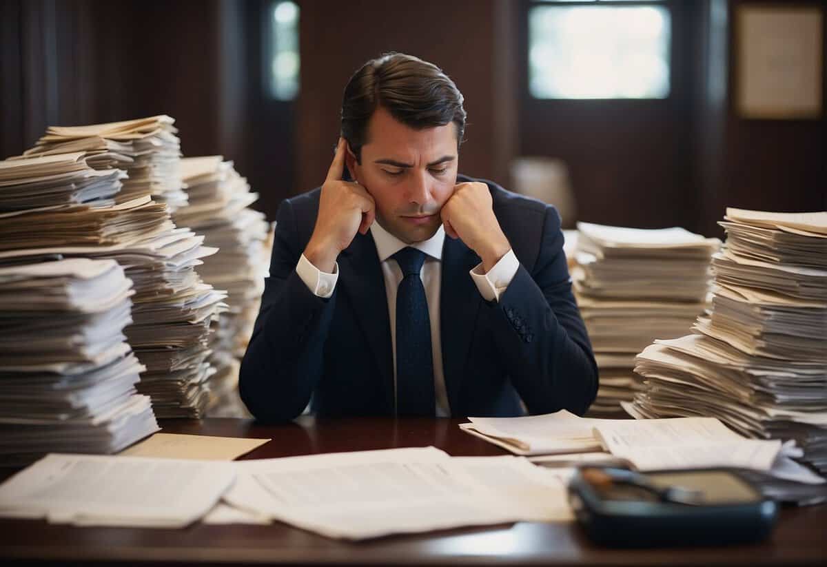A person sits at a desk, surrounded by legal documents and financial statements. They are deep in thought, contemplating their rights in estate management as an unmarried individual