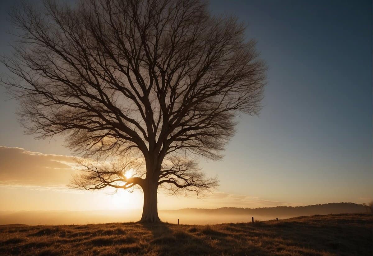 A lone tree stands tall and strong, its branches reaching outwards towards the open sky. The sun shines down, casting a warm and inviting glow on the surrounding landscape, symbolizing personal growth and freedom