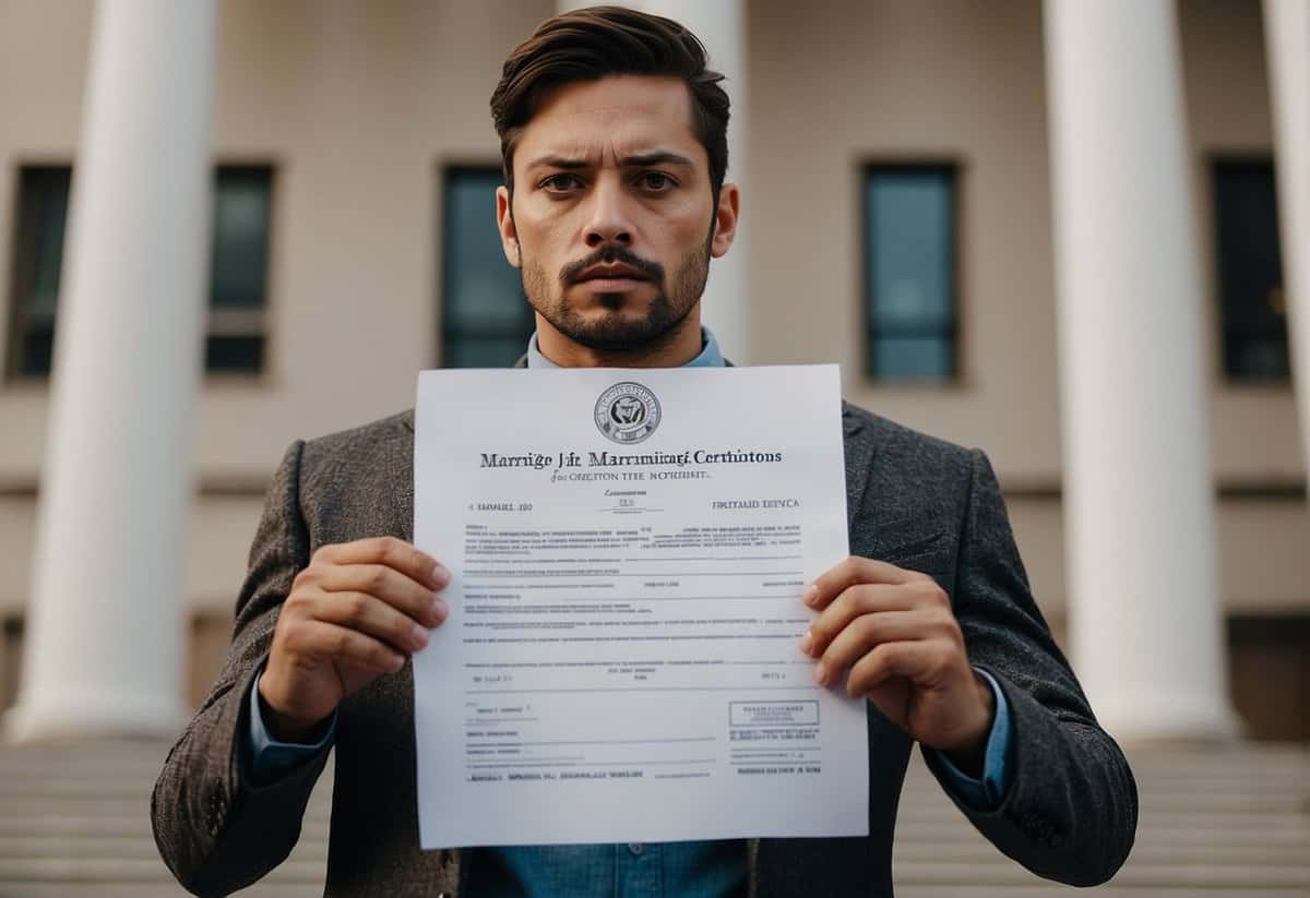 A person standing in front of a courthouse, holding a marriage certificate and looking confused