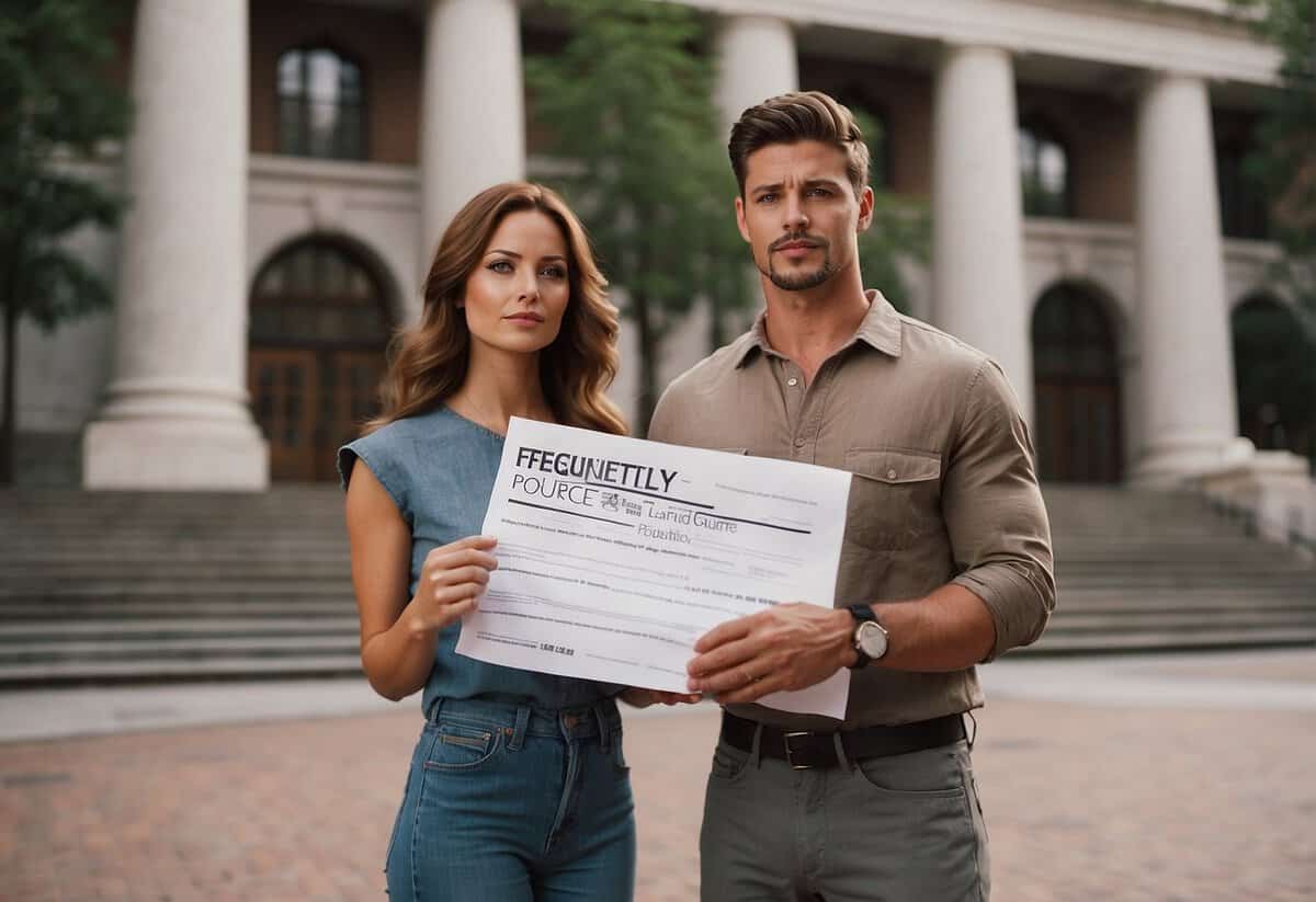 A couple stands in front of a courthouse, one holding divorce papers and the other looking hopeful. The sign above reads "Frequently Asked Questions."
