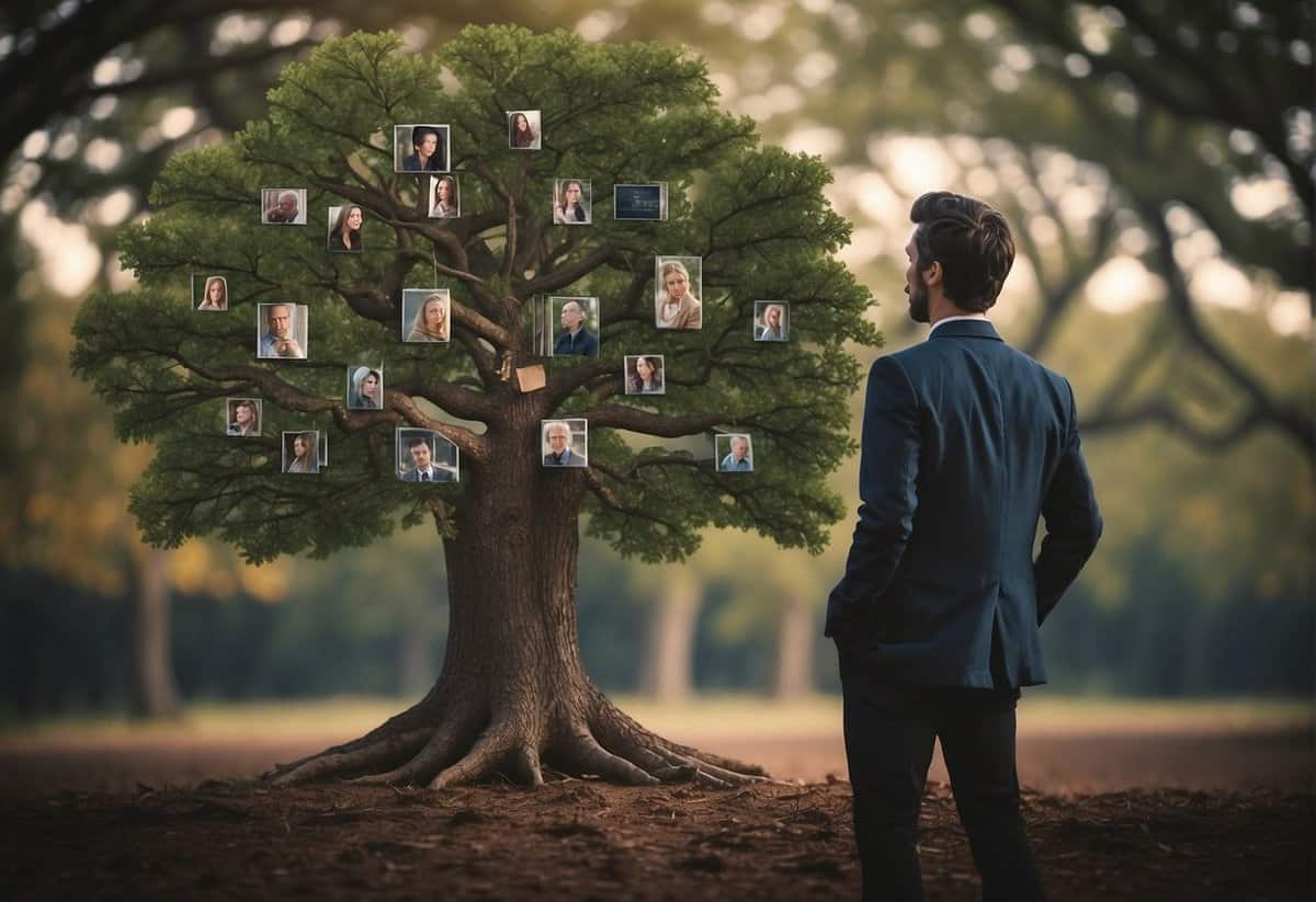 A person holding a family tree, looking confused and conflicted