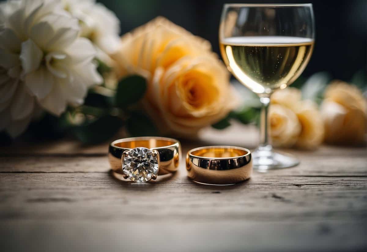 A wedding ring sits abandoned on a table, surrounded by wilted flowers and empty champagne glasses