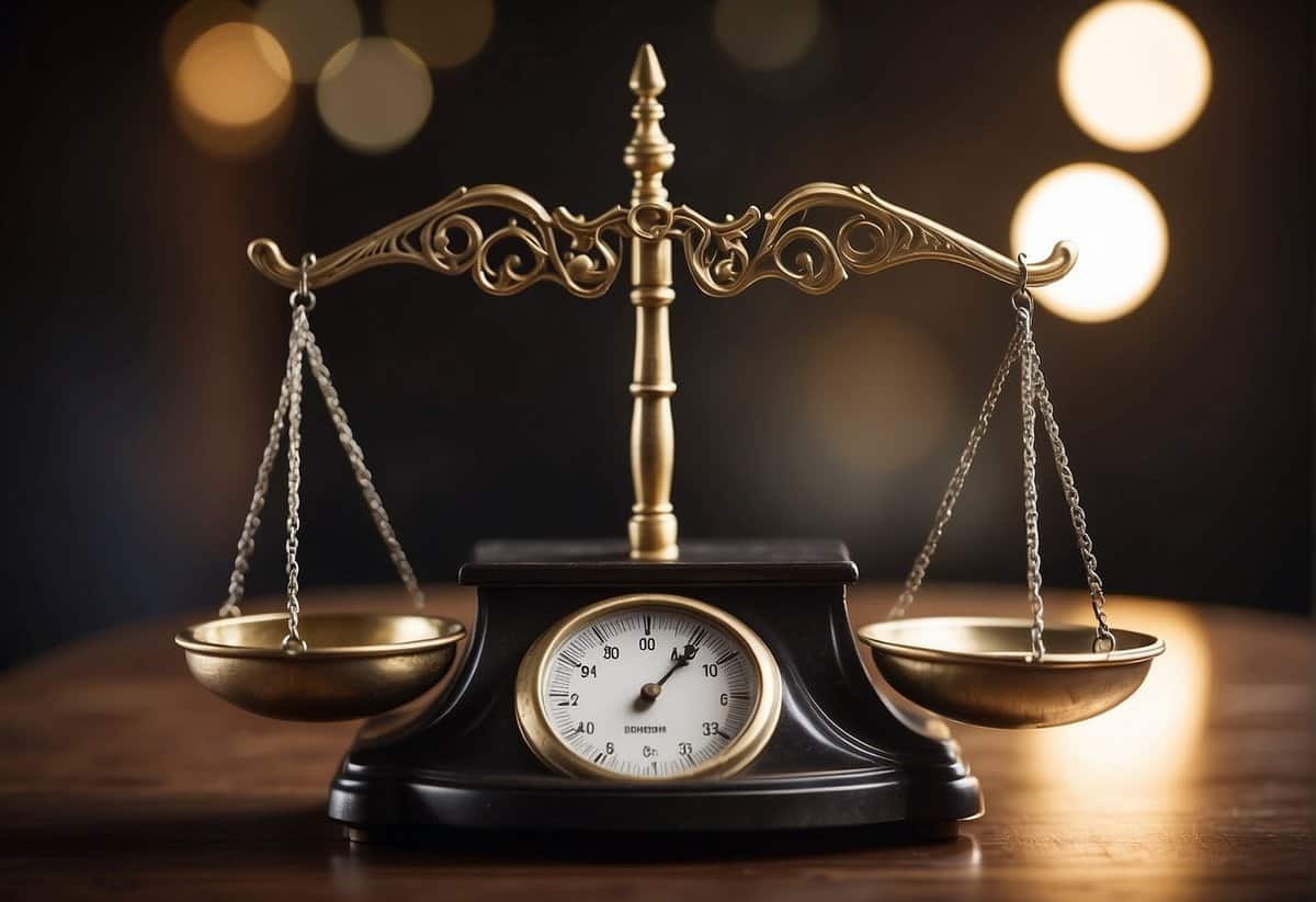 A scale with "Legal Advantages" on one side and "Responsibilities" on the other. A question mark hovers above, with a wedding ring on the "Advantages" side