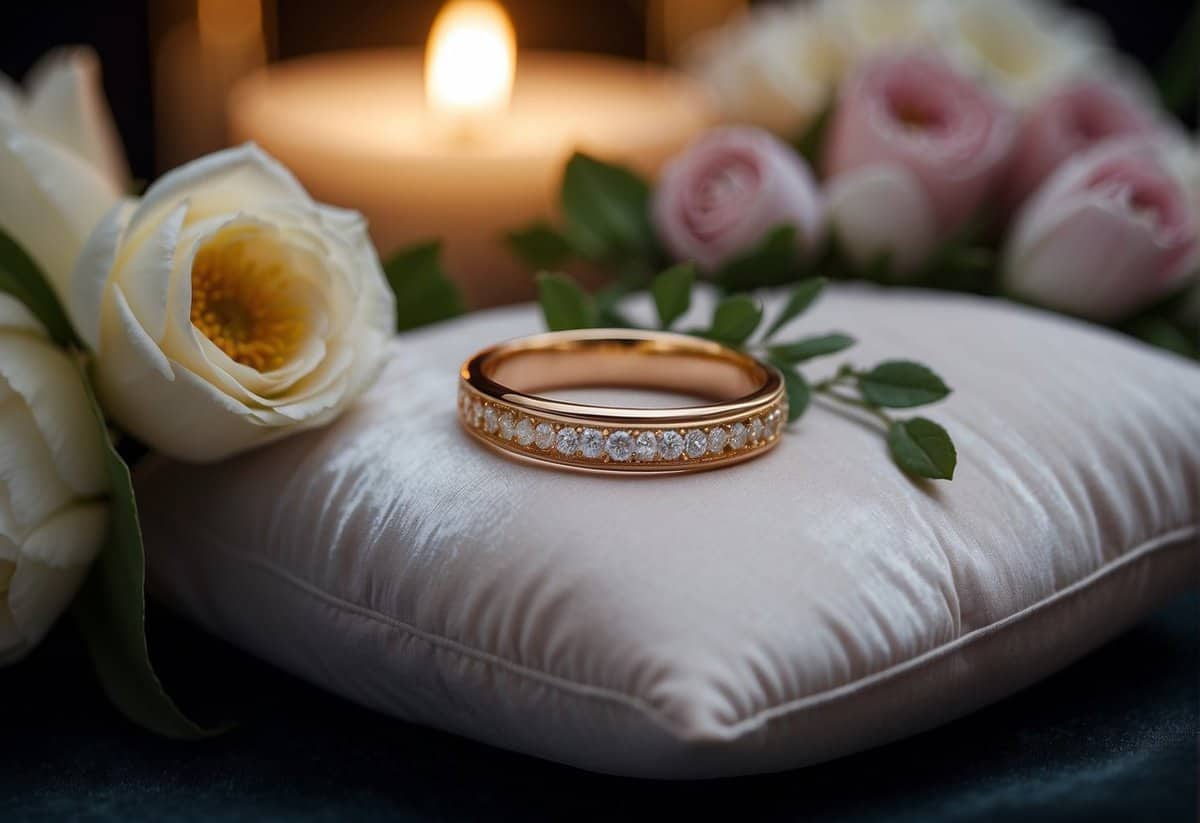 A wedding ring placed on a velvet cushion, surrounded by soft candlelight and delicate flowers