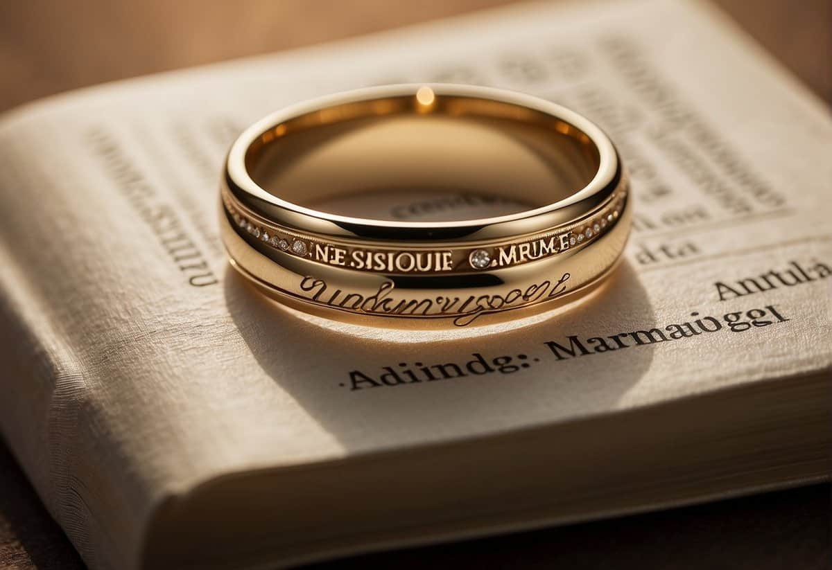 A wedding ring placed on a book with the words "Understanding Marriage and Commitment" on the cover