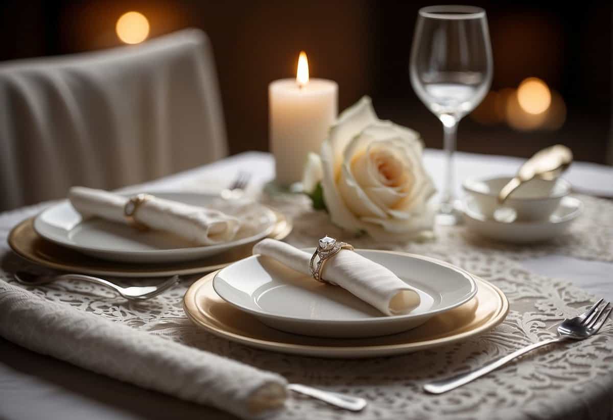 A table set for two, with elegant dinnerware and a single lit candle. A pair of wedding rings rests on a delicate lace napkin