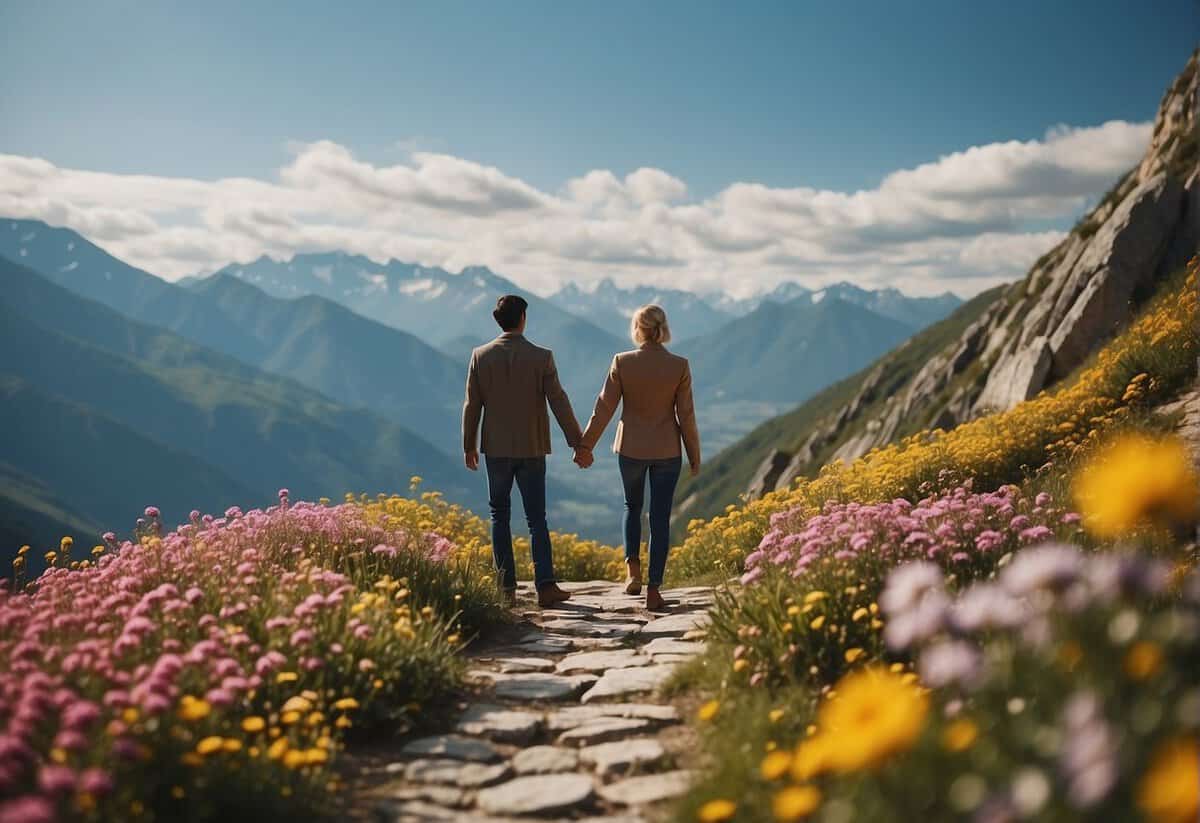 A couple facing obstacles together, symbolized by a mountain with winding paths and blooming flowers, representing growth and perseverance in marriage