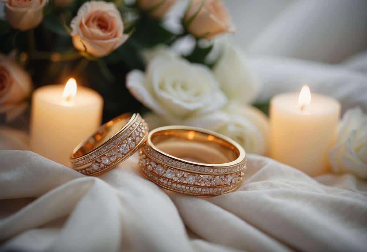 A wedding ring on a pillow, surrounded by flowers and candles