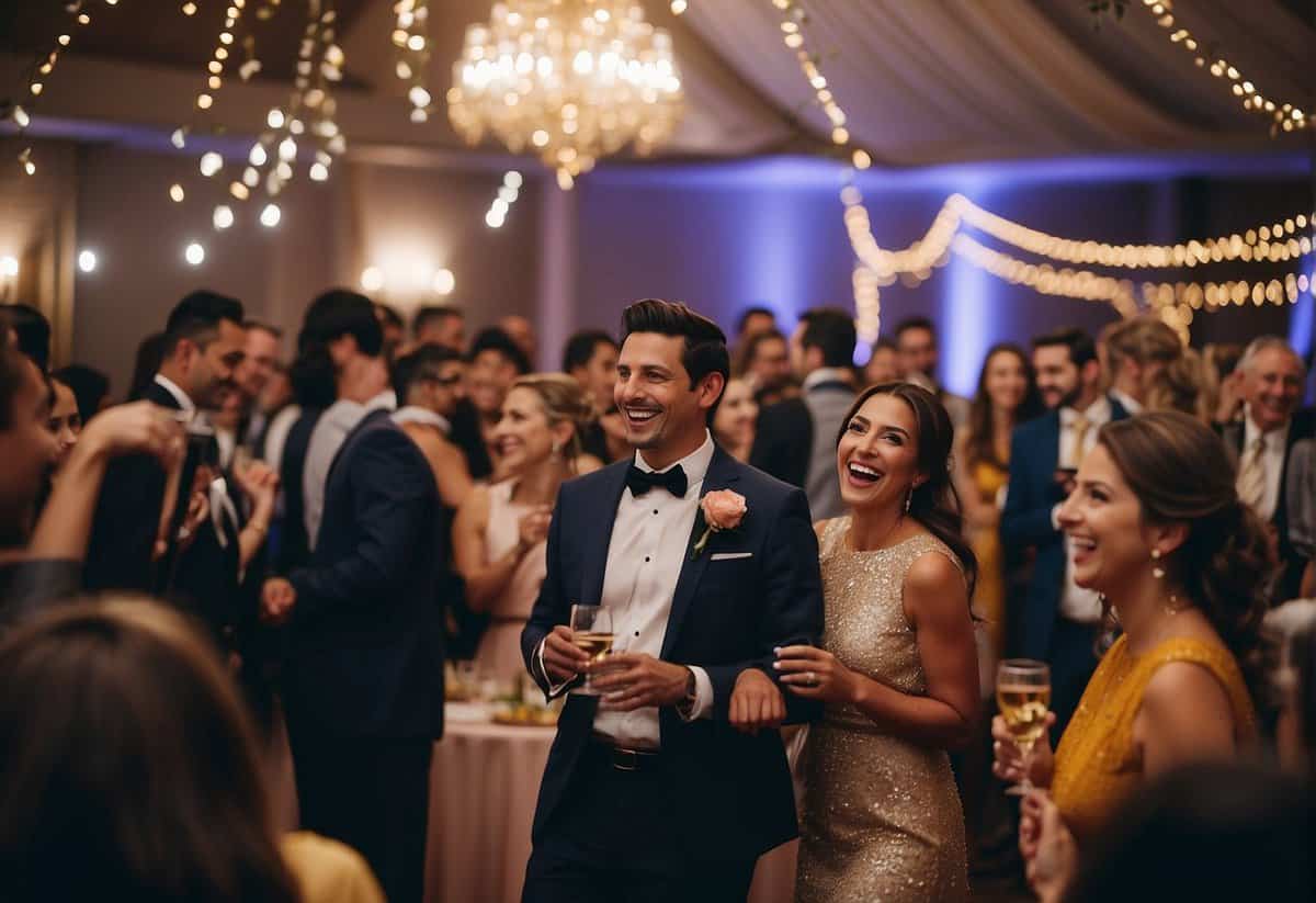 Guests mingle, laugh, and dance at a wedding reception. The room is filled with colorful decorations and joyful chatter