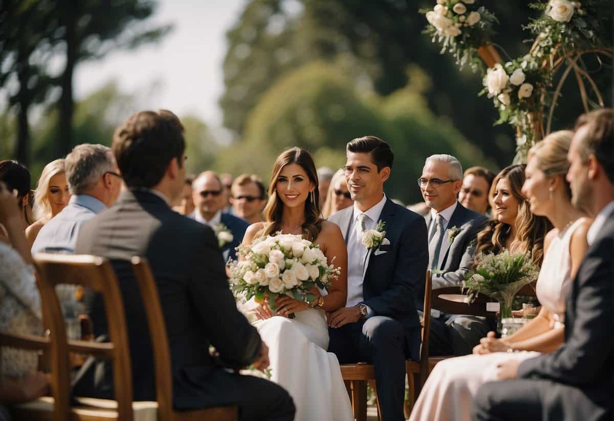 A wedding ceremony with guests seated, flowers, and an altar with an officiant