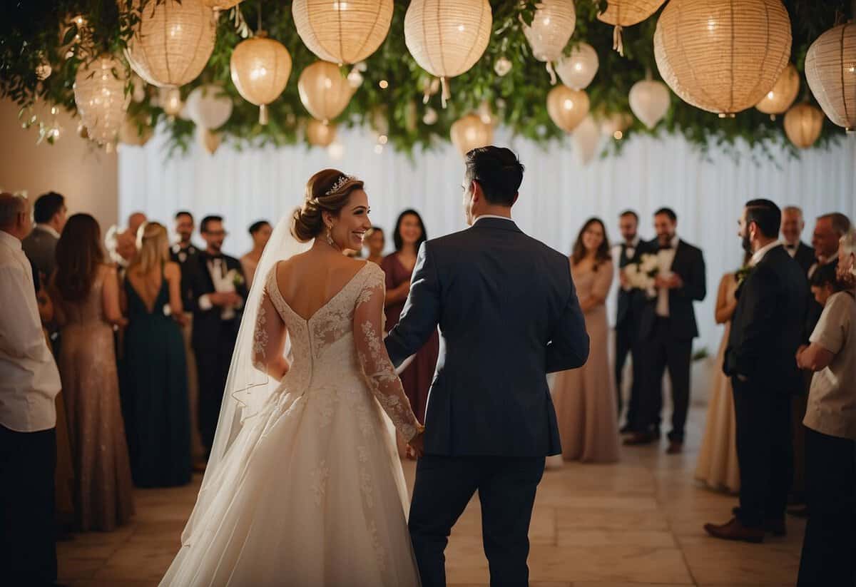 Guests mingle, exchanging laughter and embraces. A bride and groom stand at the center, surrounded by loved ones. Decorations and traditional elements fill the space