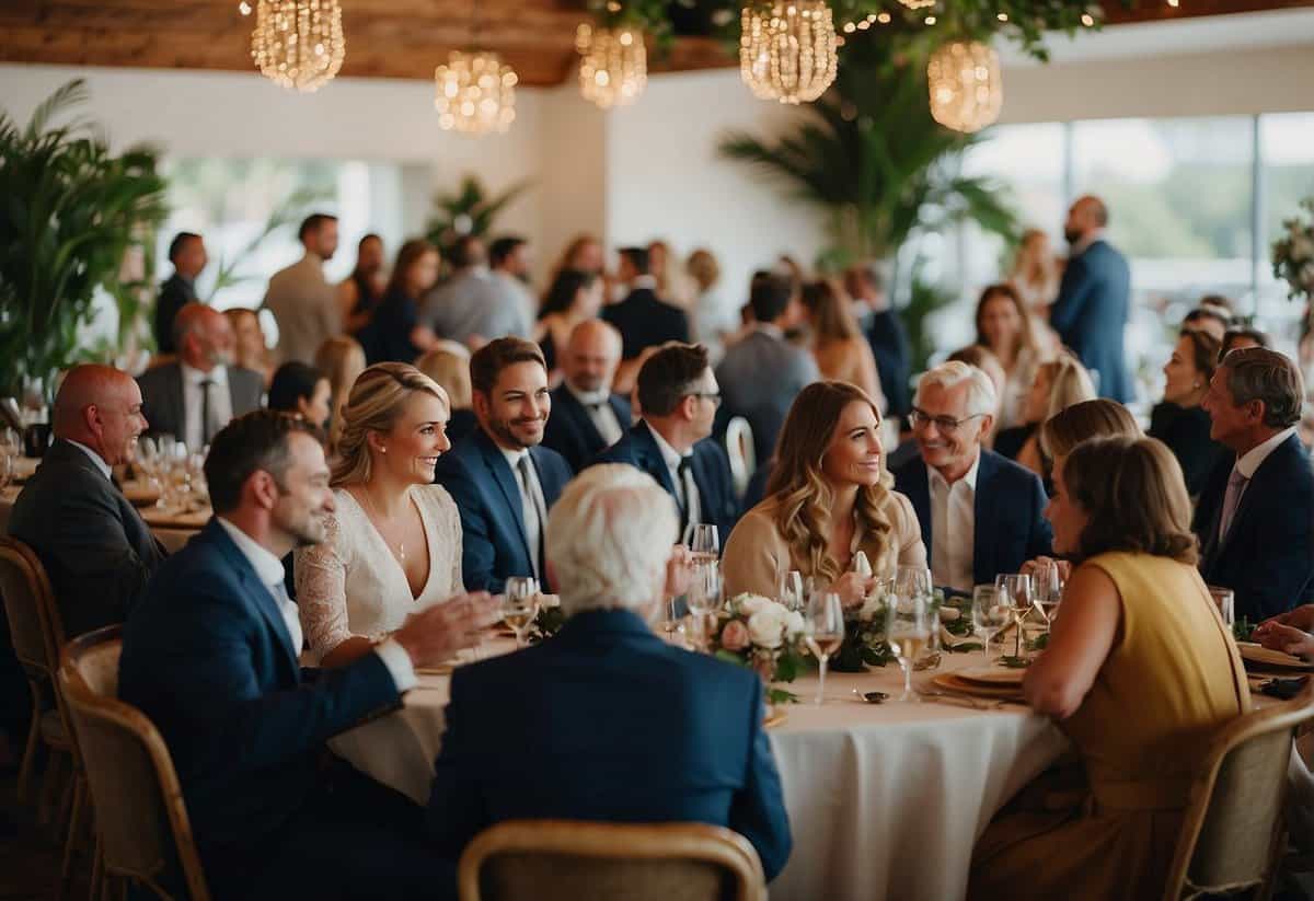 Guests mingling at a wedding venue, some seated at tables, others standing in conversation. A sign with the words "Frequently Asked Questions: How long should you stay at a wedding?" displayed prominently