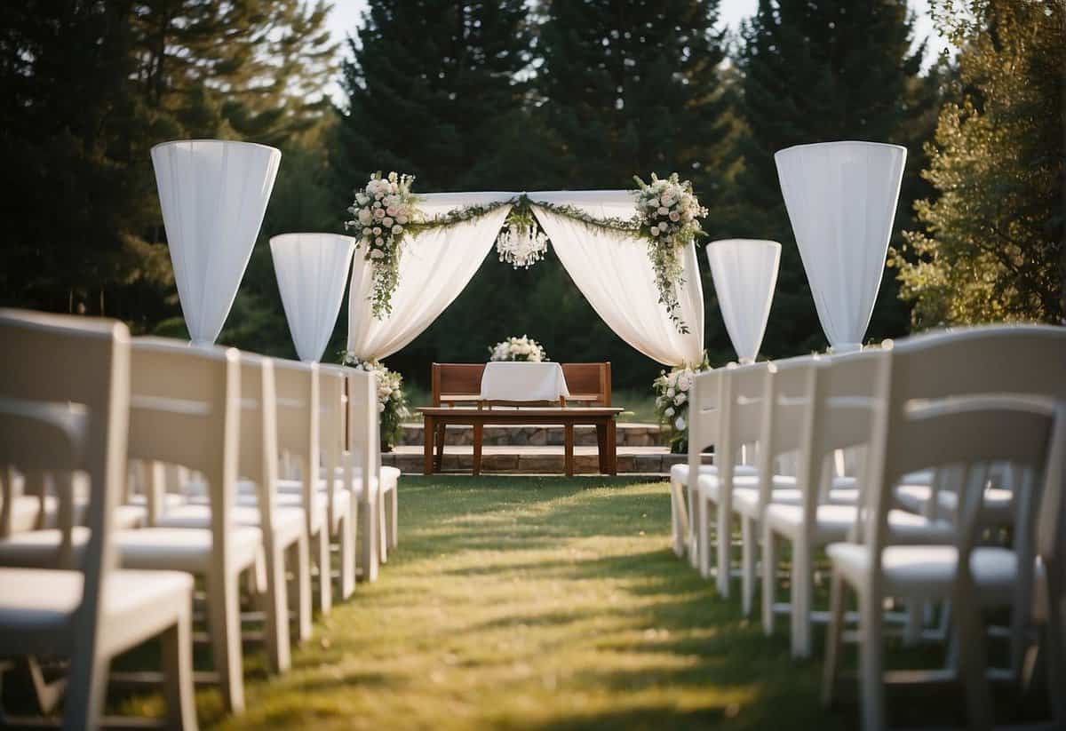A wedding venue with a small, intimate setting. A simple altar with minimal decorations. Few chairs for guests. A serene and peaceful atmosphere