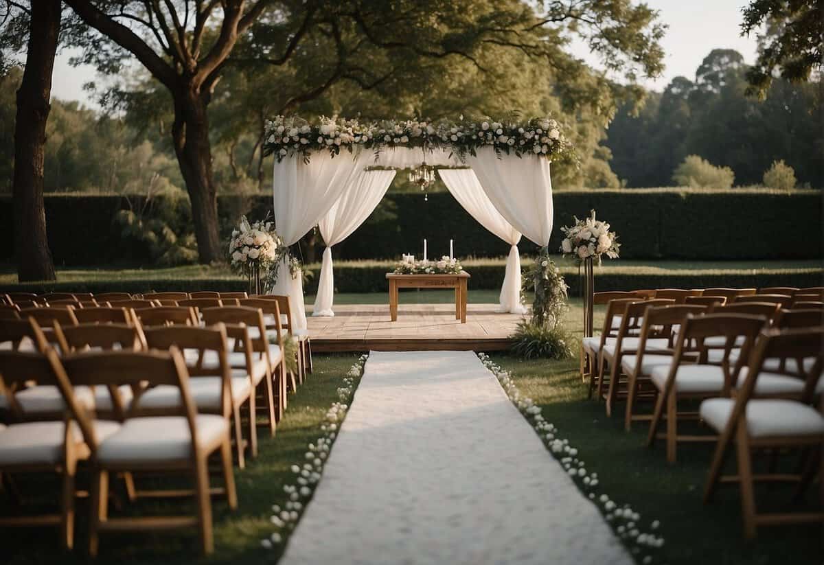 A serene outdoor setting with minimal decor, showcasing a simple yet elegant wedding ceremony