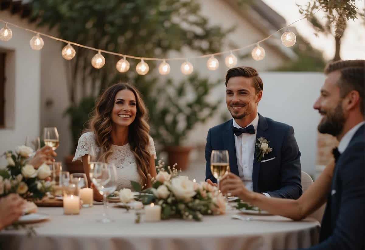 A bride and groom sit at a small table, surrounded by minimal decor and a few close friends. They smile and raise their glasses in a simple, intimate wedding celebration