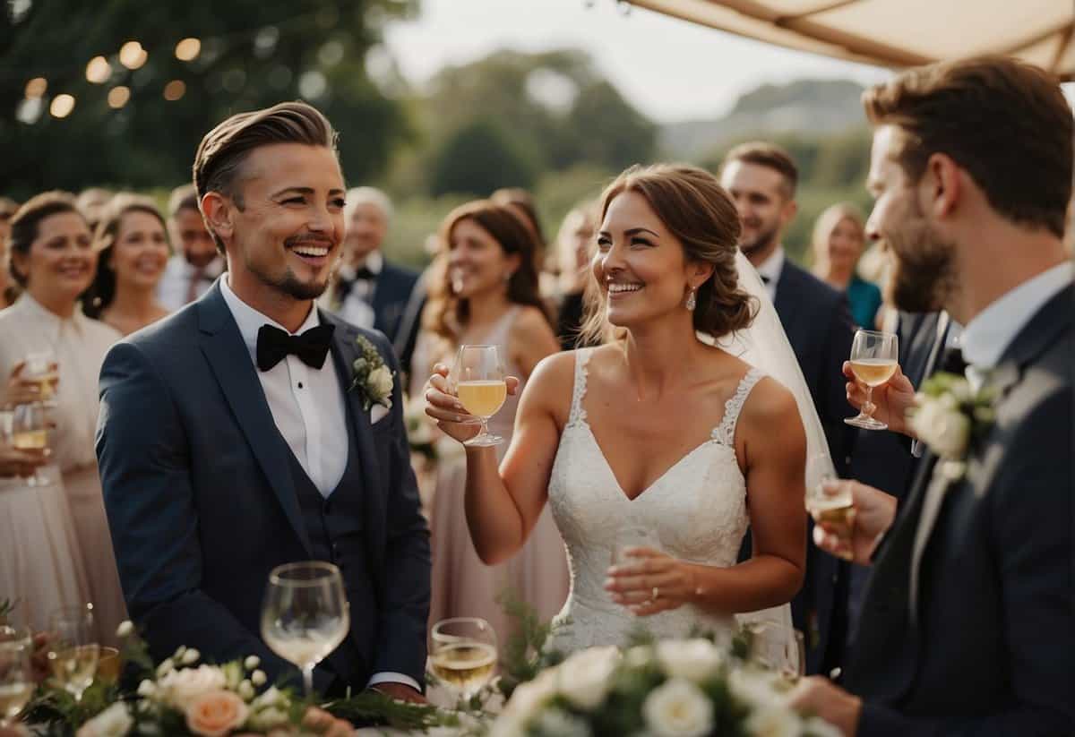 Guests celebrate at a wedding, raising glasses and laughing. Flowers adorn tables, and a bride and groom smile at each other
