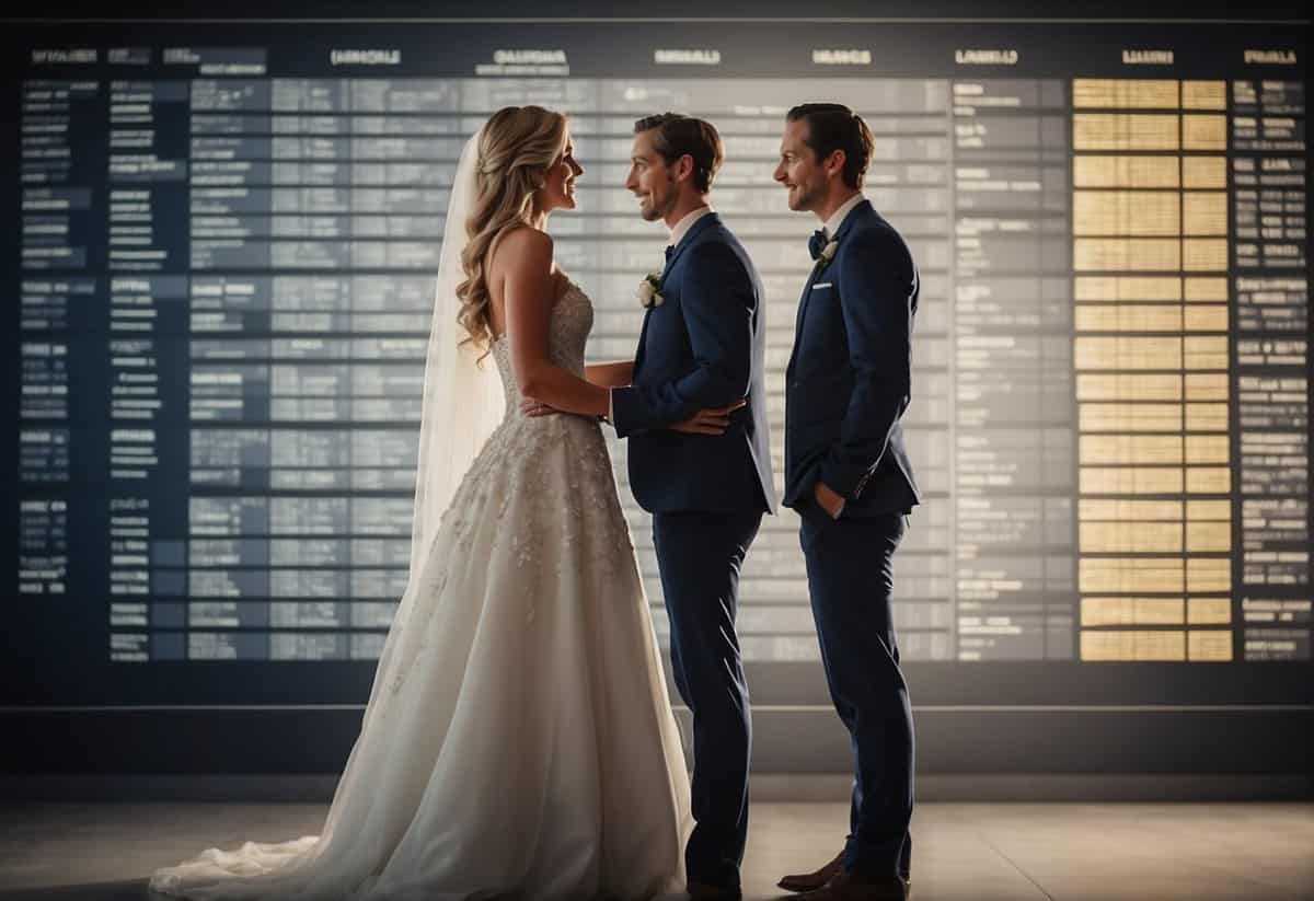 A bride and groom standing in front of a budget spreadsheet, discussing cost-saving measures for their wedding