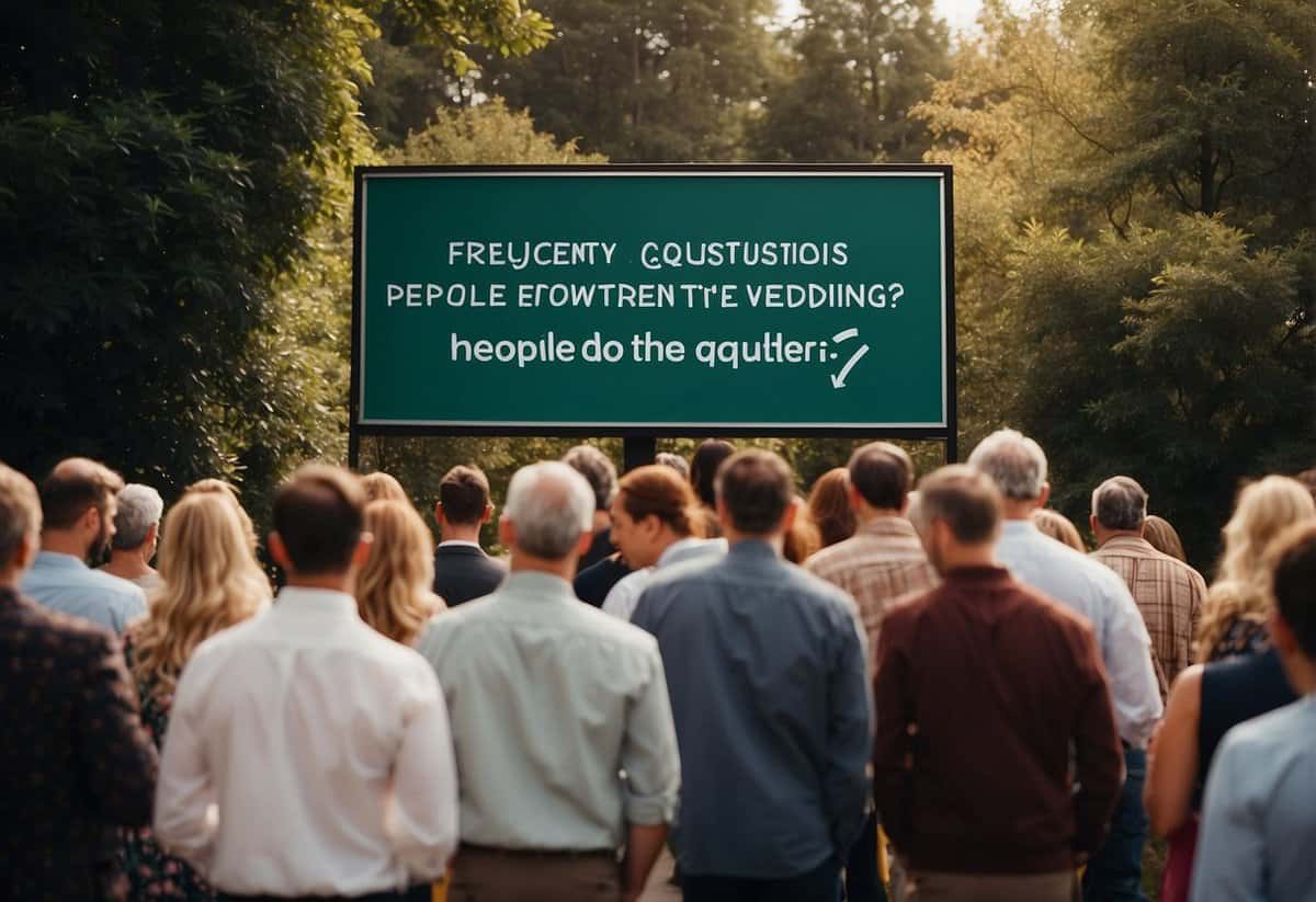 A crowd gathers around a sign that reads "Frequently Asked Questions: Why do people want weddings?" Curious faces look on, pondering the query