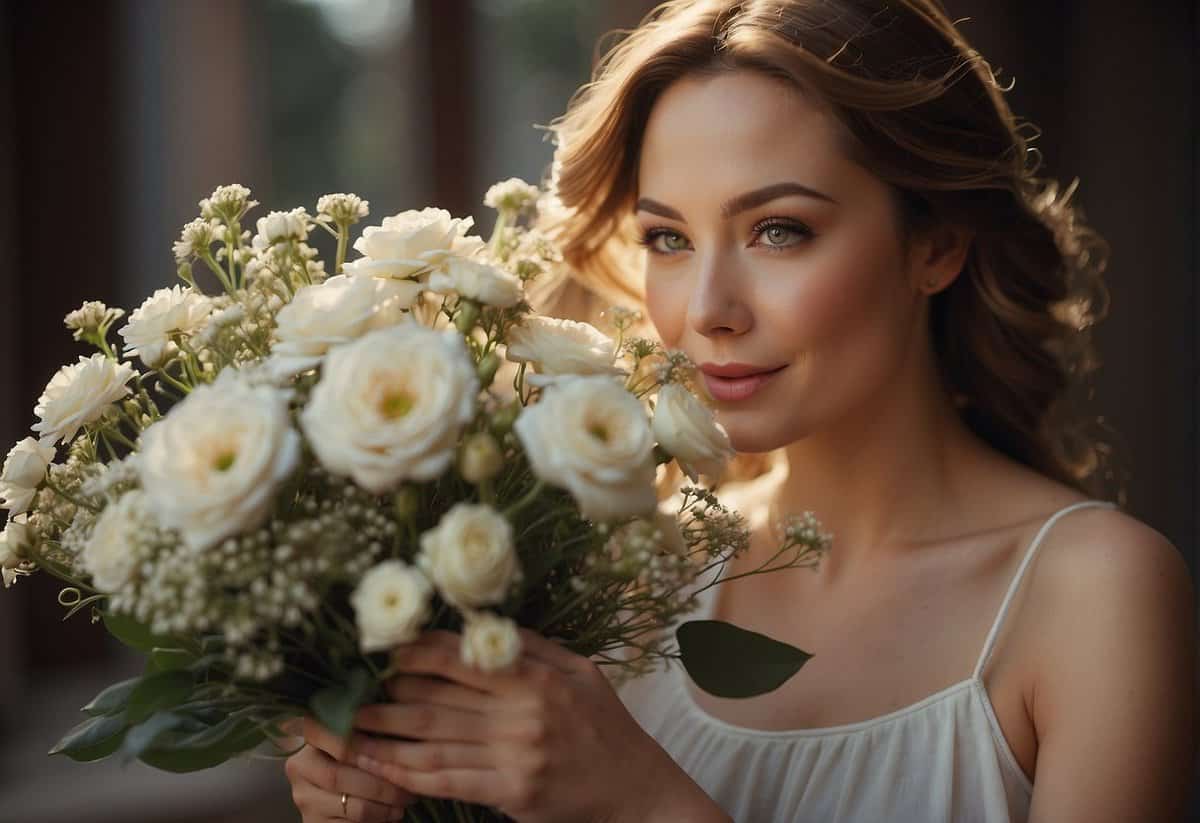 A woman gazes at a delicate bouquet, her eyes filled with joy and anticipation, symbolizing love, commitment, and a new beginning