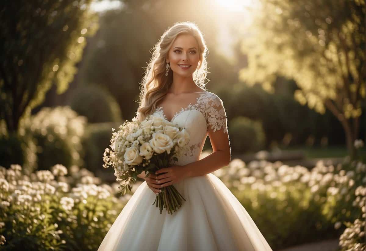 A bride stands in a sunlit garden, surrounded by blooming flowers and flowing fabric. Her face is radiant with joy and anticipation, as she holds a delicate bouquet in her hands