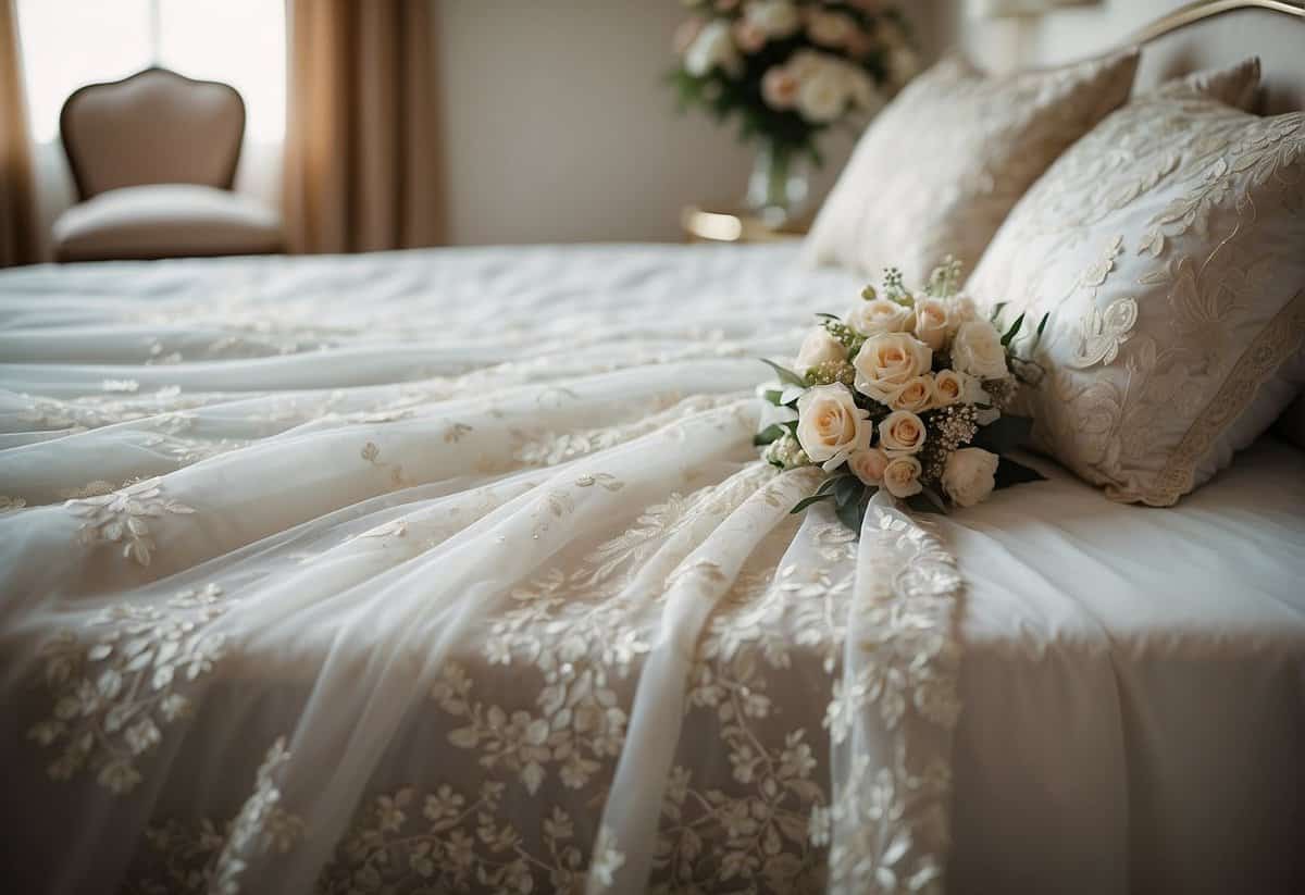 A bride's gown and veil laid out on a pristine white bed, surrounded by delicate lace and floral details, with sparkling jewelry and elegant shoes nearby