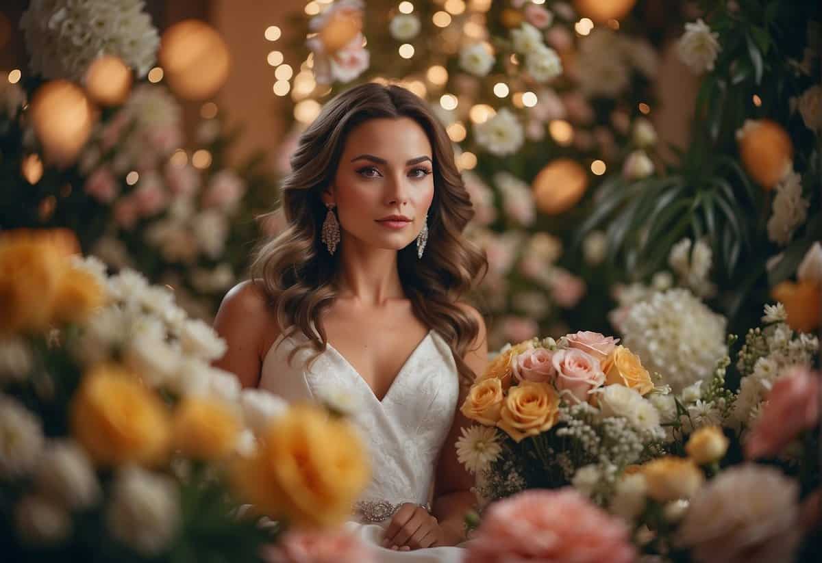 A woman surrounded by wedding symbols and flowers, with a thoughtful expression