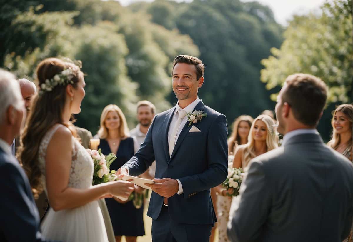 A celebrant conducting a wedding ceremony in a beautiful outdoor setting in the UK, surrounded by nature and with a happy couple standing before them