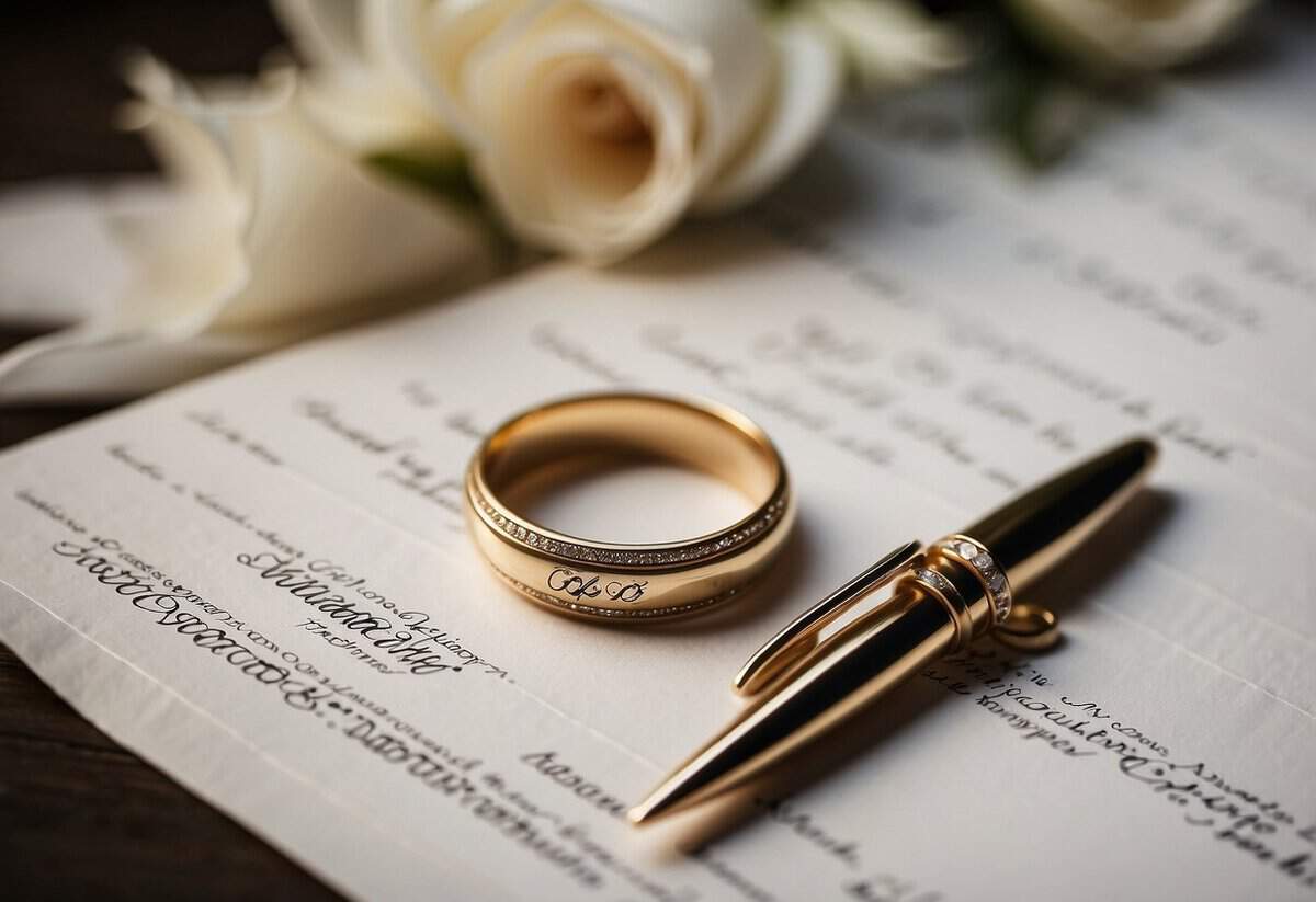 Two wedding rings placed on a marriage certificate, with a pen ready to sign