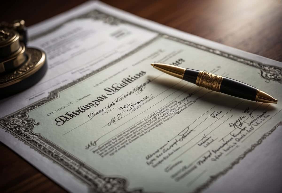 A marriage certificate being signed by two individuals with a lawyer overseeing the process