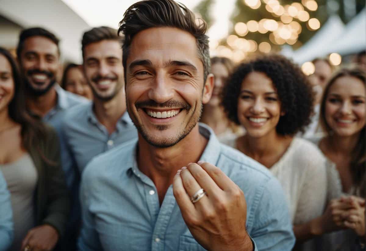 A man smiles while holding a wedding ring, surrounded by family and friends celebrating
