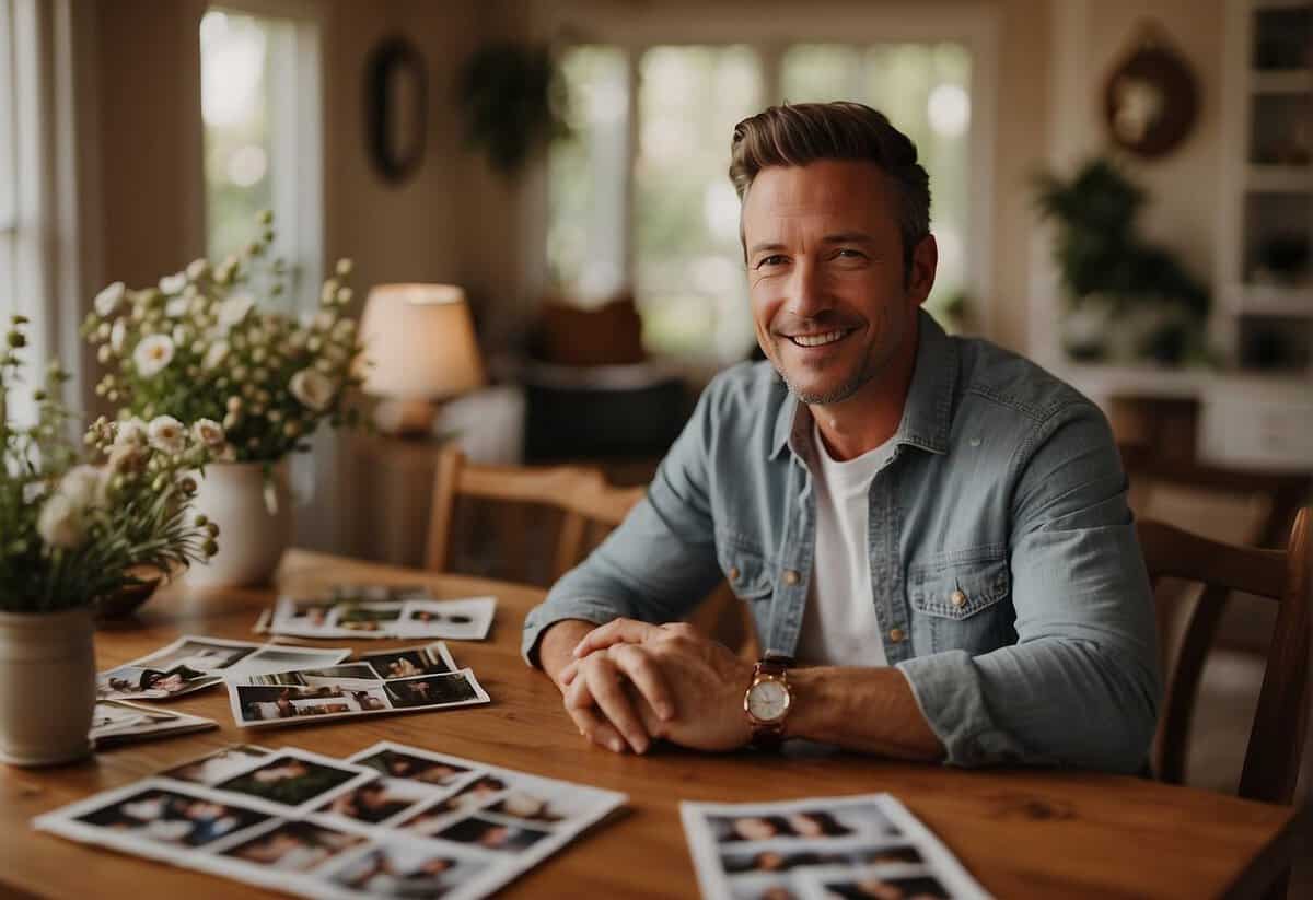 A man sits contentedly at a kitchen table, surrounded by family photos and a wedding ring. The room is filled with warmth and harmony, reflecting a sense of happiness and fulfillment