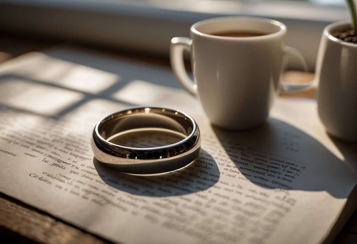 A man's wedding ring sits on a table, surrounded by scattered papers and a half-empty coffee cup. The open window lets in a soft breeze, as if symbolizing the change that comes with marriage