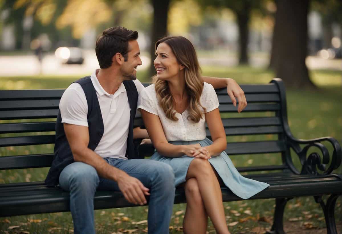 A couple sits on a park bench, talking and laughing. A friend offers a shoulder to lean on, symbolizing support and coping mechanisms for marital stability