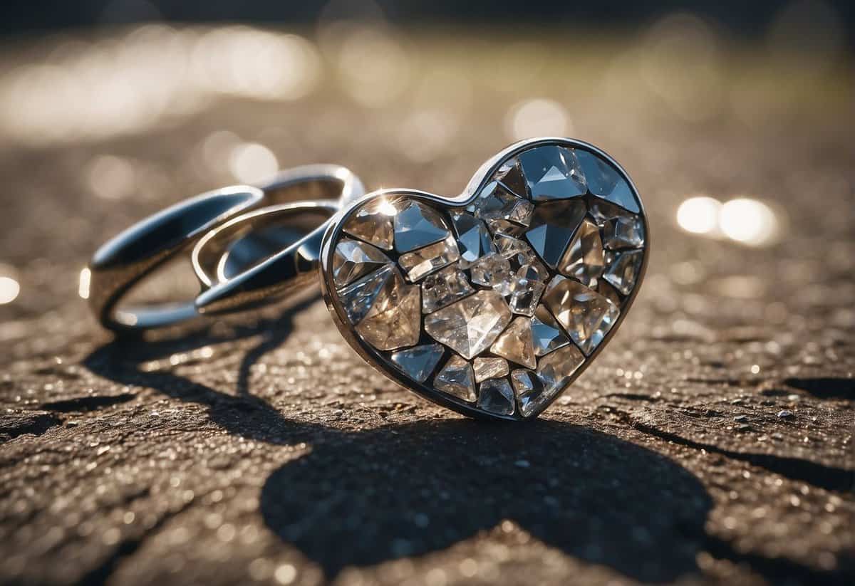 A broken heart lies shattered on the ground, surrounded by the remnants of a once beautiful wedding ring