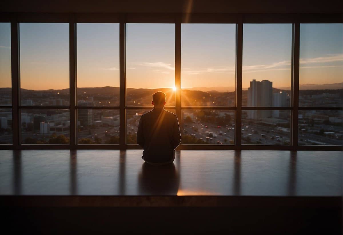 A man sits alone, looking out a window at a sunset, seeking comfort and understanding. His body language conveys a sense of longing and vulnerability