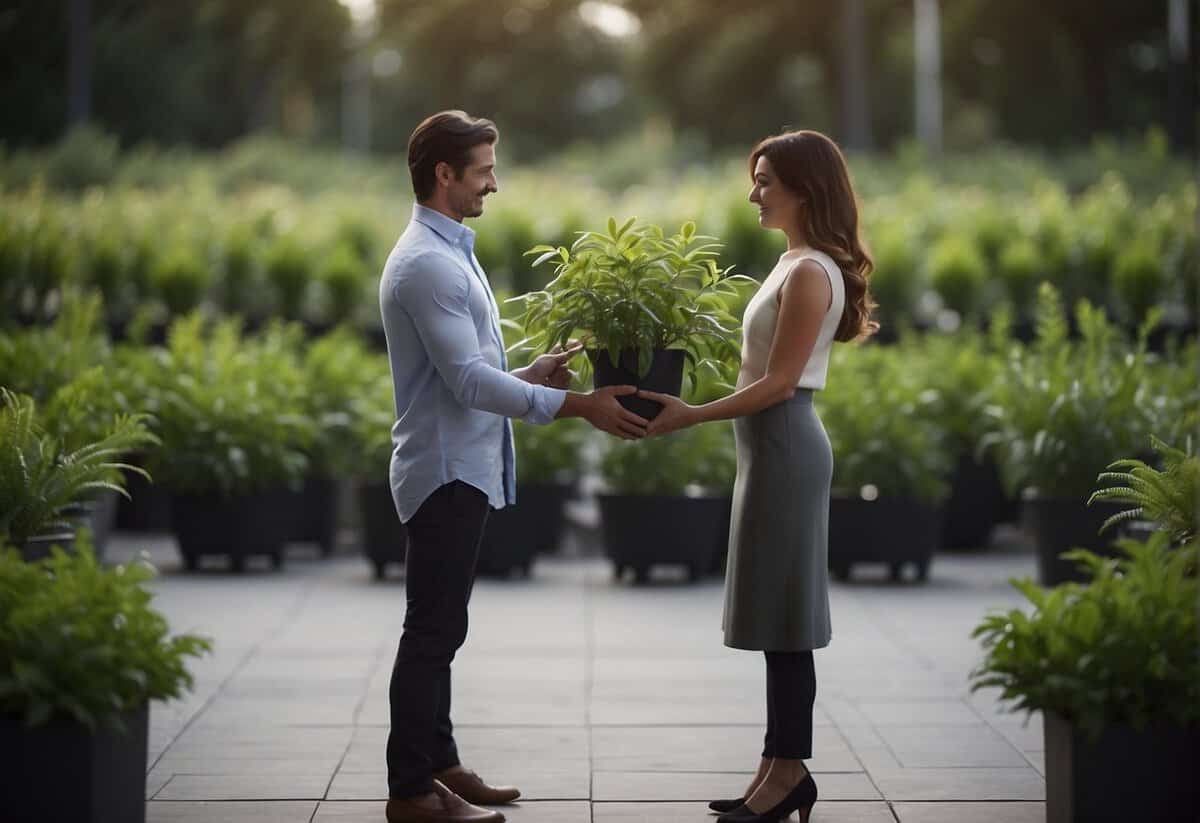 A man and a woman stand facing each other, each holding a plant in their hands. The plants are growing and intertwining, symbolizing mutual goals and growth